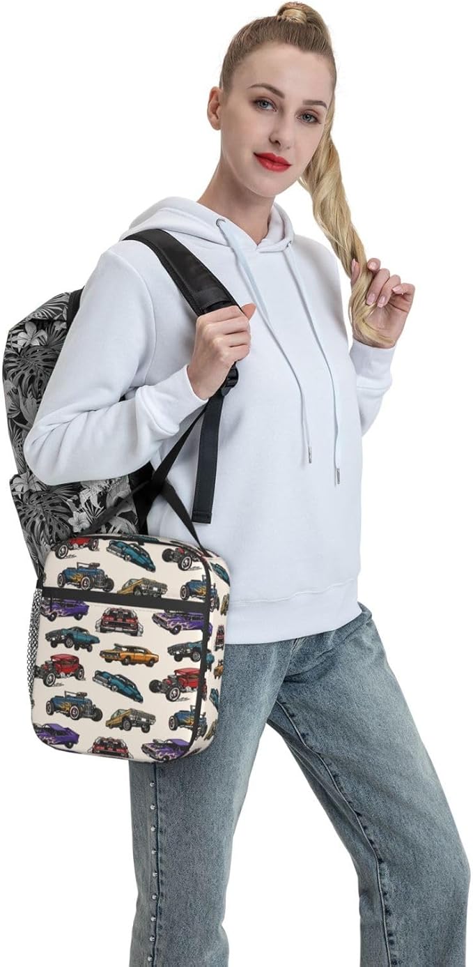 Insulated Lunch Box for Toddler Boys Kids Cars Lunch Box for Work,Picnic,School,Travel,Hiking,Beach or Fishing Polyester Cars Vintage Colorful Theme Lunch Bag