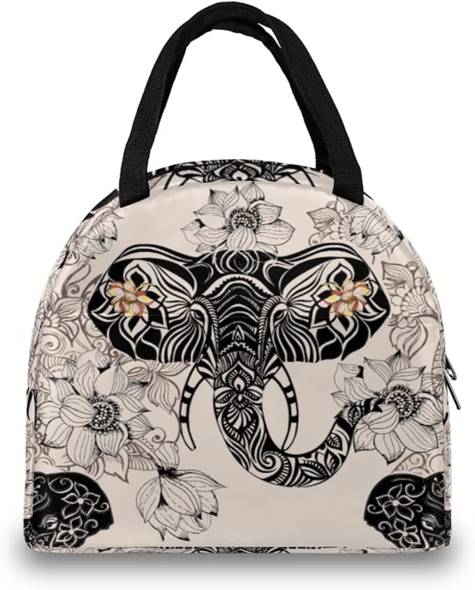 Insulated Lunch Bag for Women Men Elephant Ethnic Flower Waterproof Thermal Tote Bag Reusable Lunch Box Container Lunch Holder Leakproof Lunch Cooler Bag Picnic Travel Work