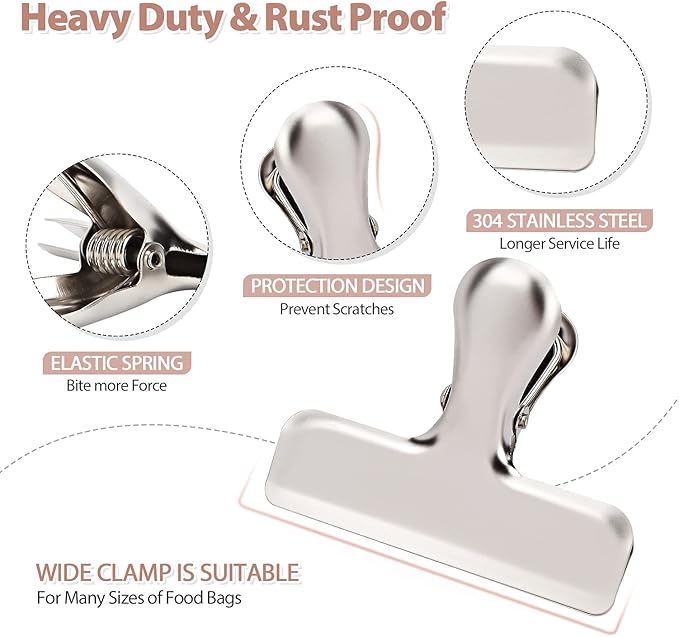 Pack of 8 Heavy Duty Metal Bag Clips, Stainless Steel - Tightly Seals Chip, Coffee, Bread or Cereal Bags to Keep Food Fresh, for Home, Kitchen, Office, Pantry, Camping (Matte Silver)
