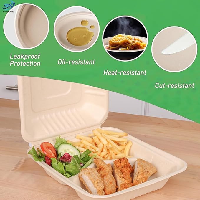 Compostable Take Out Food Container 9x9 Biodegradable 3-Compartment Clamshell To Go Container with Hinged Lid Heavy Duty Togo Disposable Box For Pasta Salad Sandwich Carryout Meal