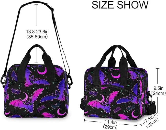MNSRUU Insulated Lunch Bag - Purple Bat Gothic Lunch Box with Adjustable Shoulder Strap - Reusable, Leakproof Cooler Bag for Work, School