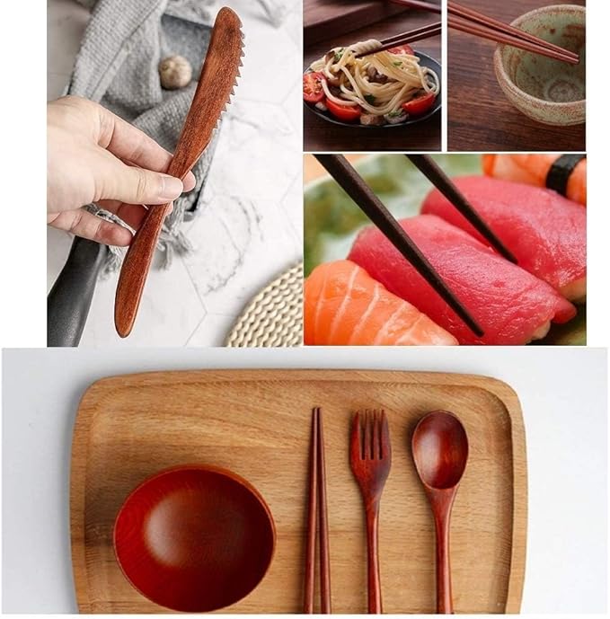 Wooden Utensil Flatware Set Reusable Utensils Travel Cutlery Set for Eating with Case, 10 Pcs Wooden Spoon and Fork Set Bamboo Flatware Set