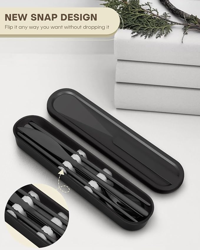 Travel Utensils with Case, PHILIPALA 2 Sets 18/8 Stainless Steel Reusable Utensils Set with Case, Travel Cutlery Set with Knife Fork and Spoon Chopsticks Set for Lunch Work Camping (Black, Black)