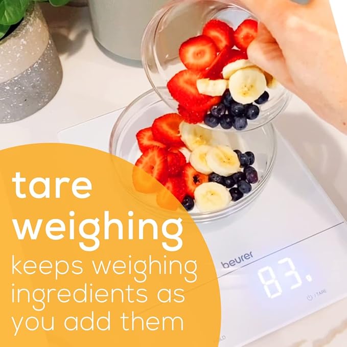 Beurer KS34 Digital Kitchen Scale - Precise Scale for Food Ounces and Grams, 33lbs Capacity, XL Weighing Platform for Meal Prep, Magic Display, Tare Function - Batteries Included - White Glass