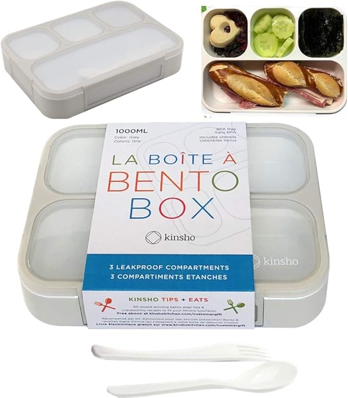 kinsho Bento Lunch Box Container for Kids Adults, Leakproof Portion Control Meal Prep Containers, Japanese Style Boxes with 4 Compartments for Boys Girls Teens | Grey