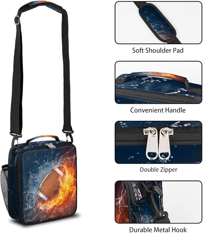 American Football Kids Lunch Box Flame Football Insulated Lunch Bag for Boys Girls Reusable Food Container Tote Cooler Warm Pouch for School work Office Beach