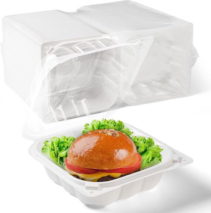YANGRUI To Go Containers, Reusable Anti-Fog Shrink Wrap 55 Pack 6 Inch 15 OZ White Plastic Burger Boxes BPA Free Microwave Freezer Safe Hinged Clamshell Take Out Container