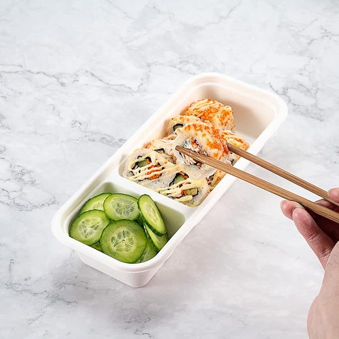 Restaurantware Pulp Tek 9.2 x 3.8 x 1.8 Inch Takeaway Food Boxes 100 Microwavable Take Out Containers - Lids Sold Separately Freezable White Bagasse Catering Food Containers 2 Compartments