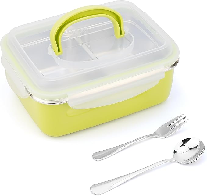 1600ml Stainless Steel Bento Box Lunch Container with 2 Compartments and Removable Plastic Shell, Portable Metal Food Container with Fork and Spoon Set, Leakproof Meal Prep Container for Adults