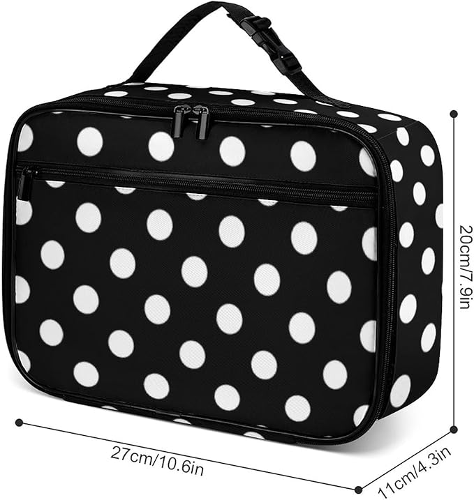 Polka Dot Black Reusable Lunch Box Insulated Lunch Bag Cooler Bag Lunchbox Meal Food Container Tote Bag for Women Kids Girls School Camping Hiking Picnic Beach Travel