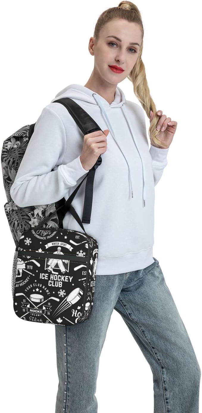 Insulated Lunch Box for Boys Kids Hockey Lunch Box for Work,Picnic,School,Travel,Hiking, Beach or Fishing Polyester Hockey Lunch Bag Ice Hockey Retro Style