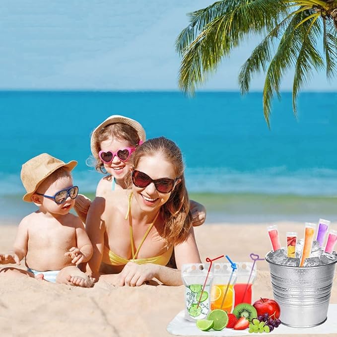 100 Pcs Drink Pouches with 100 Straws, Juice Pouches with 30Pcs Disposable Freezable Ice Popsicle Mold Bags, Drink Pouches for Adults and Kids, Clear Pouch for Cold & Hot Drinks (100Pcs)