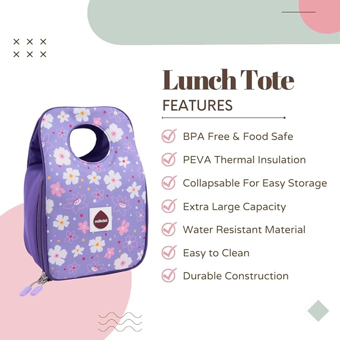Designer Insulated Lunch Bag, Purple, Reusable Cooler Tote for Food & Drinks, Perfect for Women, Men, Boys, Girls, Stylish for kids ages 3+ (Flower)