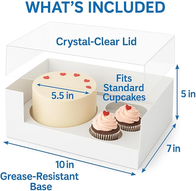 Sweet Degrees 10 pack Cake and 2 Cupcakes Bento Box | transparent and clear Dessert Storage Container with Lid | Portable Box for Cakes & Cupcakes, Treats | BPA-Free | Great for Birthdays & Parties