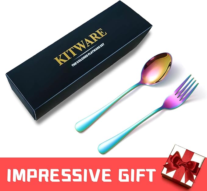 Rainbow Forks and Spoons, KITWARE 24-Piece Silverware Set for 12, Stainless Steel Flatware Cutlery Set for Daily Meal, Outdoor Camping, Hiking, Travel, Hotel