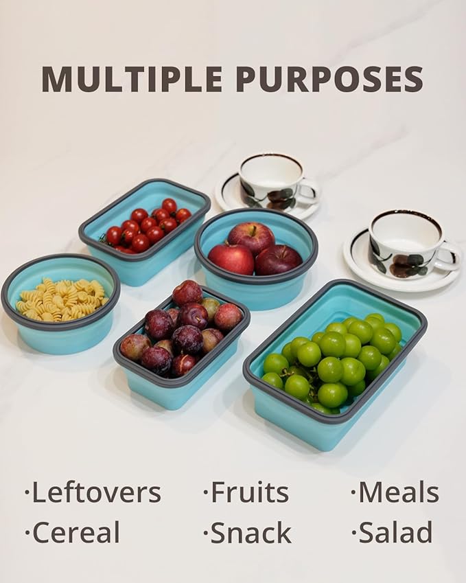 16 Pack Collapsible Silicone Food Storage Containers with Lids, Freezer & Dishwasher Safe, Foldable Lunch Box for Camper, Leftovers, Snacks, Meals, Blue