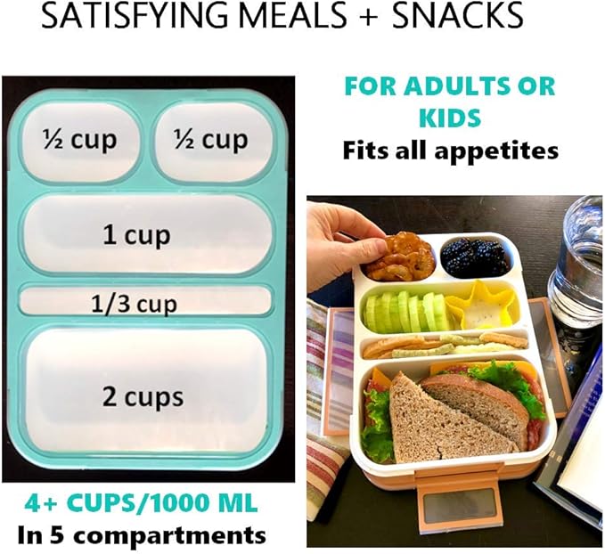 Kinsho Bento Box for Adults and Kids, Leakproof Lunch-Boxes with Custom Fit Spoon and Fork, Portion Control Container, BPA Free, Green + Orange, 5 Compartments, 2 Pack