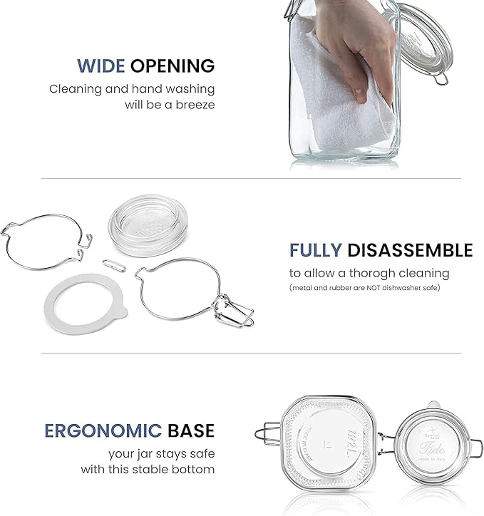 Bormioli Rocco Fido Wide Mouth Squared Glass Jar with Airtight Gasket Clamp Lid for Canning and Food Storage, Clear Top, 50.75 oz.