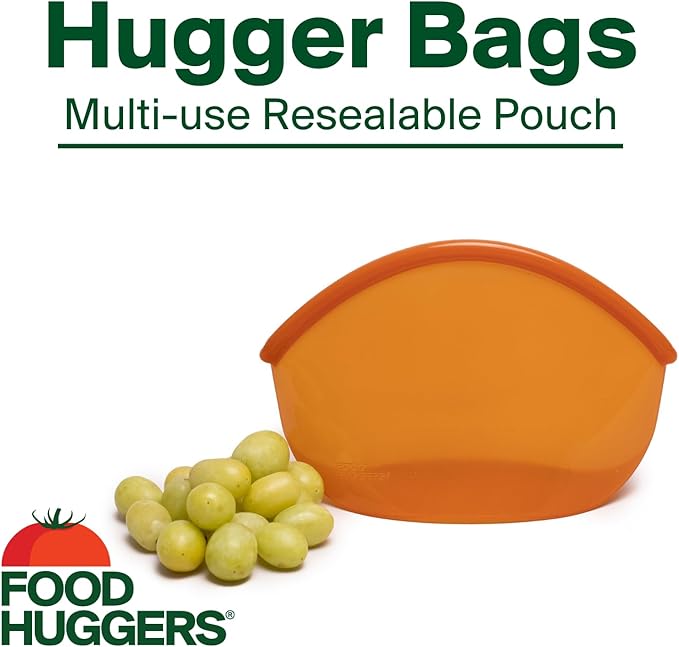 Food Huggers Hugger Bags Silicone Reusable Lunch & Snack Bag Durable Storage, BPA Free, Dishwasher & Freezer Safe, Stand-Up Resealable Produce Pouch | Large 30 fl oz, Amber
