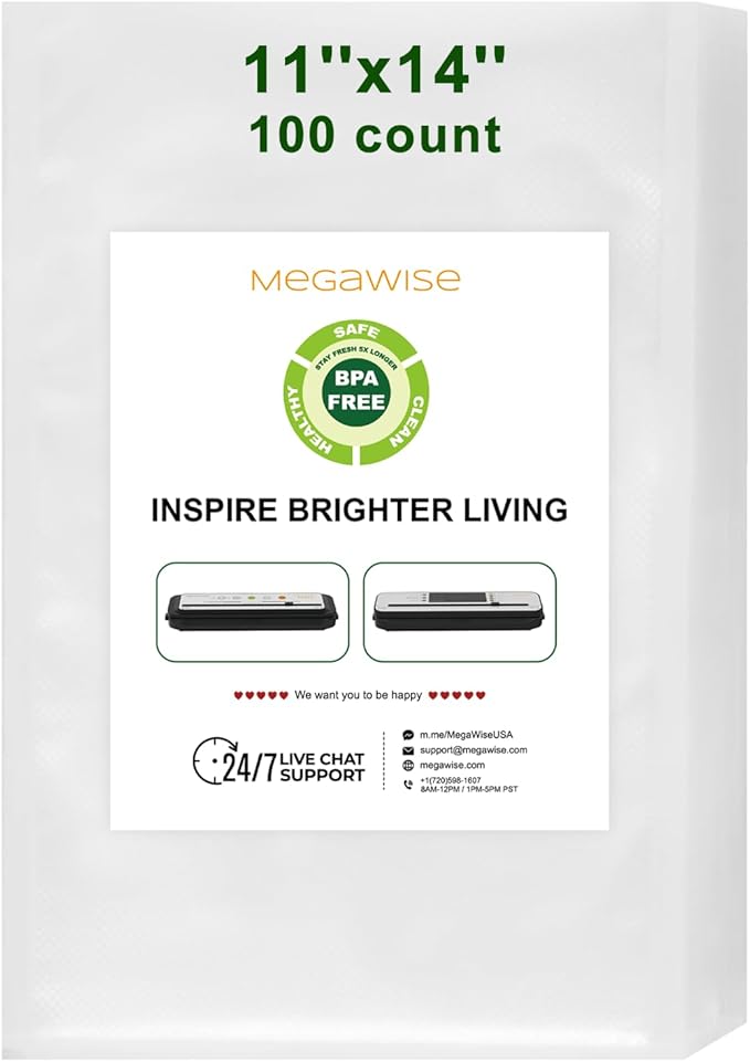 MEGAWISE Vacuum Sealer Bags (11''x 14''-100pcs) for Food Freshness Preservation, BPA Free Vacuum Storage Bags for Food or Sous Vide, Seal a Meal,Double-Sided Texture, Double Lock Freshness (100 count)