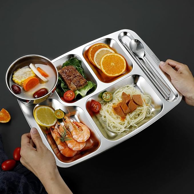 2 Pack Stainless Steel Divided Plates, Large 6 Sections Dinner Plates for Adults,Rectangular Serving Platter for Camping,Unbreakable Divided Portion Plates,Dishwasher Safe