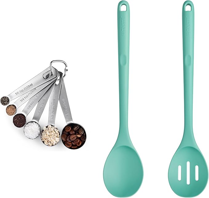18/8 Stainless Steel Measuring Spoons Set for Dry and Liquid Ingredients (Set of 6), and 600℉ Heat Proof Long Non-Scratch Silicone Solid & Slotted Set of 2 Cooking Spoon for Mixing (Aqua Sky)