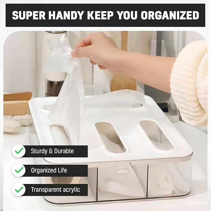 Food Storage Bag Organizer, 4 Slot Plastic Sandwich Bag Organizer for Kitchen Storage, Baggie Organizer for Drawer with Labels Included, Gallon, Quart, Sandwich, Snack, and Slider Bags
