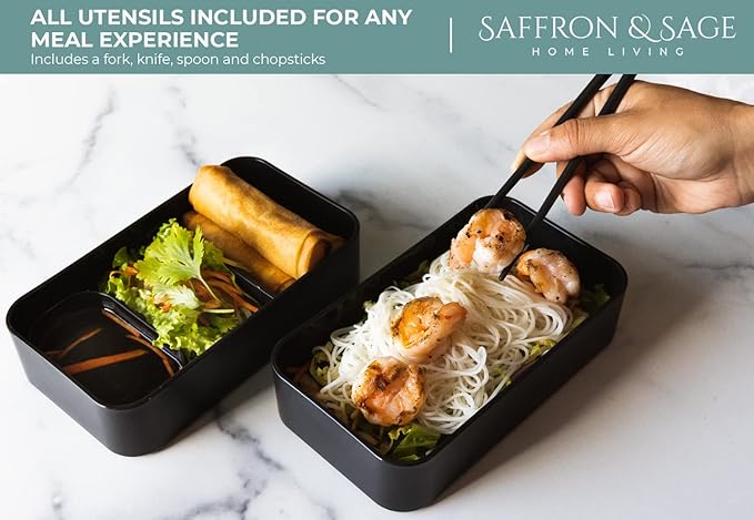 Saffron & Sage Bento Lunch Box - 42oz Black Japanese style Bento Box for Adults or Kids with Cutlery, Chopsticks, Sauce Container and Bento Bag - Leak proof, Dishwasher, Freezer, Microwave safe