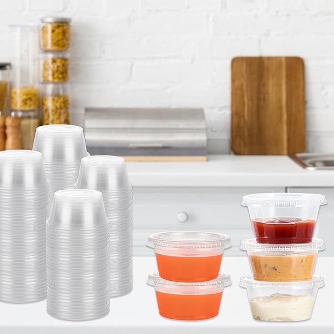 500 Sets 2 Oz Disposable Plastic Portion Cups | Jello Shot Cups with Lid, Plastic Souffle Cups | Sauce Cups with Lids Bulk, Small Plastic Condiment Containers with Lids for Sauce Dressing or Shots