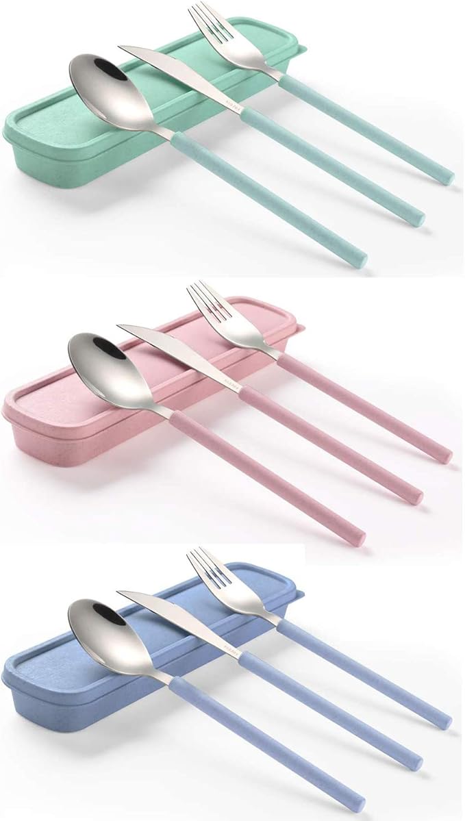 Portable Home Utensils Reusable Flatware Set with Case, Stainless Steel Metal Travel Cutlery Lunch Tableware 3 Fork 3 Spoon 3 Knife with Colored Handle(Fork Spoon Knife 3 sets, Green+Pink+Blue)