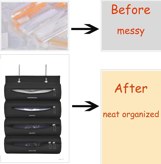Zipper Bag Organizer Compatible with Gallon, Quart, Sandwich & Snack Food Storage Bag, Kitchen Plastic Bag Storage Organizer for Kitchen RV Camper (Black)