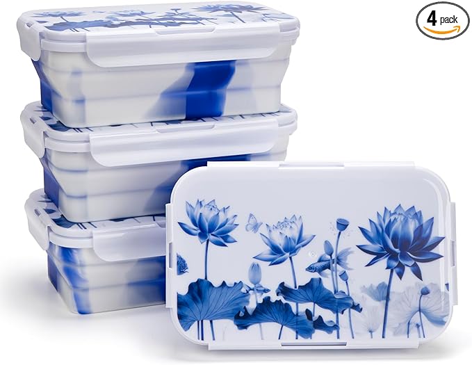 Collapsible Food Storage Containers with Lids in Blue and White Porcelain China Style, 48oz, 4 Pack, Stackable Silicone Containers for Food Lunch, Microwave Freezer Dishwasher Safe, White