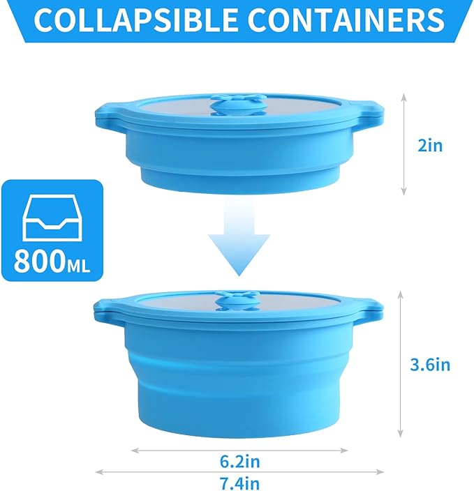 Collapsible Silicone Microwave Cookware Cooker Steamer for Cooking with Lids, 0.8L Glass Food Storage Container Sealed Bowl Mixing Bowls 2pc Set BPA Free