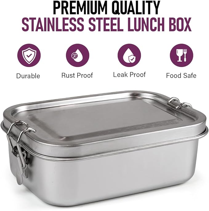 Stainless Steel Lunch Box with Safe Closure Lid for Meal Planning and Portion Control - Bento Box Stainless Steel - BPA-Free, Leakproof & Dishwasher Safe Metal Bento Box Container for On-the-Go