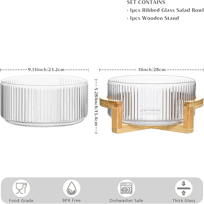 Ribbed Glass Salad Bowl with Wooden Stand – Large Mixing Bowl for Serving Salad, Fruits, Pasta & Desserts – Elegant Glass Serving Bowl with Natural Bamboo Holder – Modern Kitchen & Dining Tableware