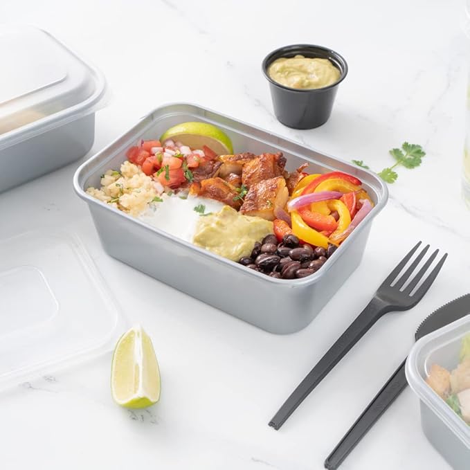 Restaurantware Futura 25 oz Rectangle Silver Plastic Take Out Container - with Clear Lid, Microwavable - 6 3/4" x 4 1/2" x 2 1/4" - 100 count box