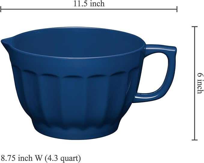 UPware Latte Style Melamine Batter Bowl with Pour Spout, Handle and Non-Slip Base, Grip Handle for Easy Mix and Pour, Home Essentials Cooking and Baking Tools, 4.3 quart, 11.5 x 8.75 Inch, Navy