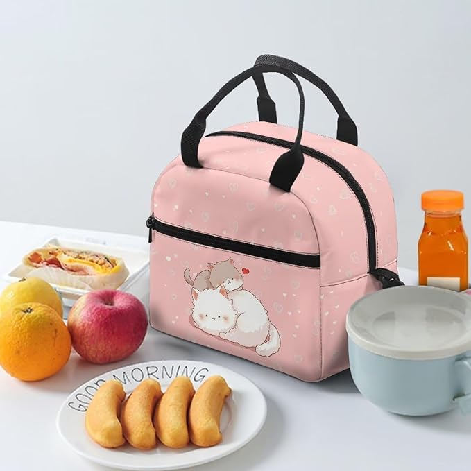 Showudesigns Cute Cat Lunch Bag for Girls 6-8 8-10 Pink Lunch Box Portable Insulated Lunch Bags Thermal Meal Tote Kit with Zipper Pockets Kids Tote Bags Back To School Crossbody