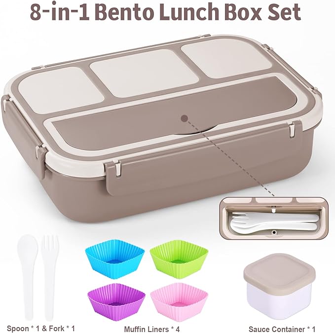Bento Box Adult Lunch Box, Containers for Adults Men Women with 4 Compartments, Lunchable Food Container with Utensils, Sauce Jar, Muffin Liners, 40 Oz/5 Cup, Microwave & Dishwasher Safe, Brown