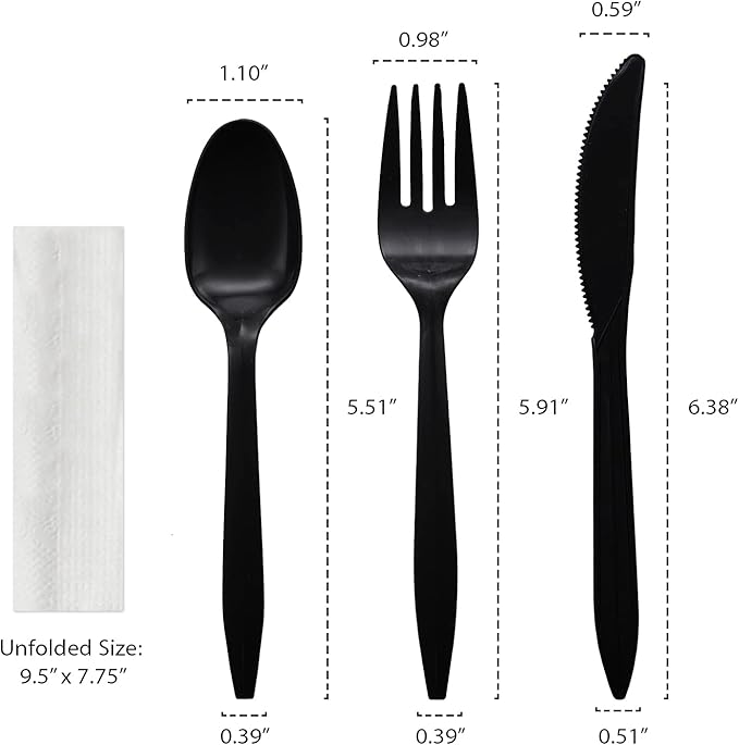 Party Essentials Individually Wrapped Plastic Cutlery Packets/Silverware Kits, Black Fork/Spoon/Knife/Napkin, 50 Sets