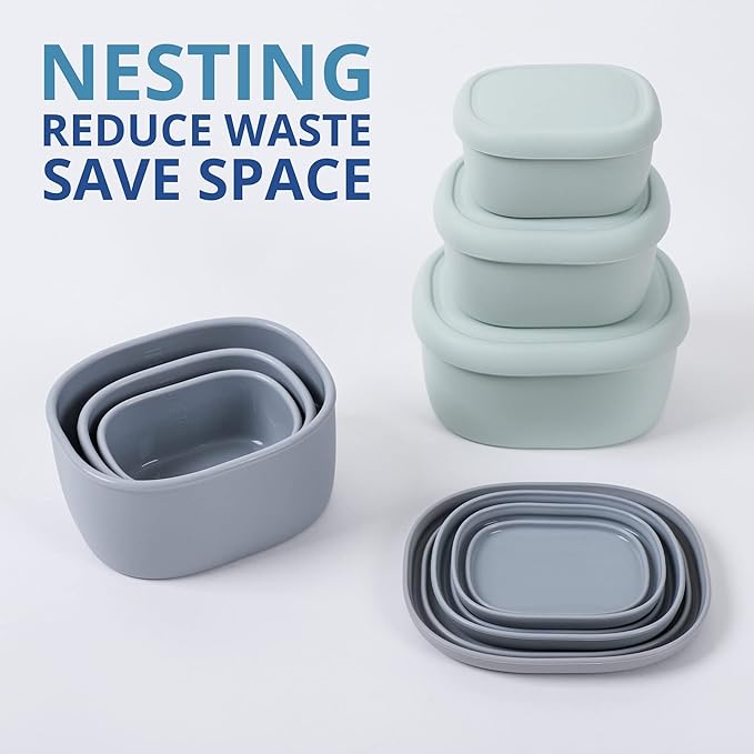 BLUE GINKGO Nesting Silicone Containers - Set of 3 Hard-Shell Silicone Food Storage Containers | BPA Free, Airtight, Dishwasher and Freezer Safe (6.7oz, 10oz, 20oz) - Grey