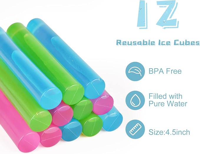12 Pack Reusable Ice Cubes for Drinks, Quick Freeze Reusable Water Bottle Ice Stick BPA Free, Washable Plastic Ice Cubes for Whiskey, Wine, Coffee (Multicolor)