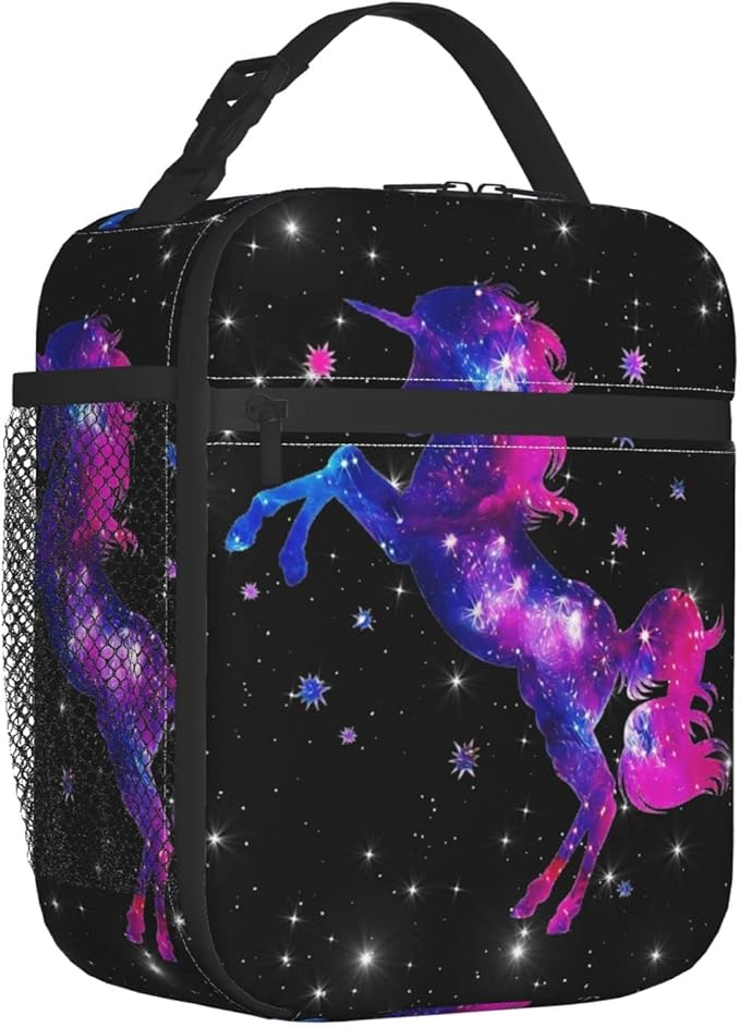 YETTA YANG Galaxy Star Unicorn Black Portable Lunch Bag Insulated Lunch Box Reusable Totes For Women Men Work Picnic Camping