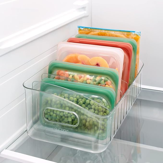 YouCopia FreezeUp Freezer Bin 15", BPA-Free Clear Fridge Organizer with Adjustable Dividers and Handles for Frozen Food and Leftovers (Pack of 6)