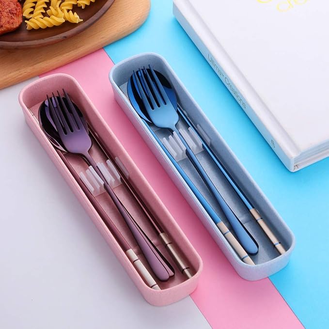 3 PCS Stainless Steel Travel Camping Flatware Set Fork Spoon Chopsticks with Portable Case, Blue