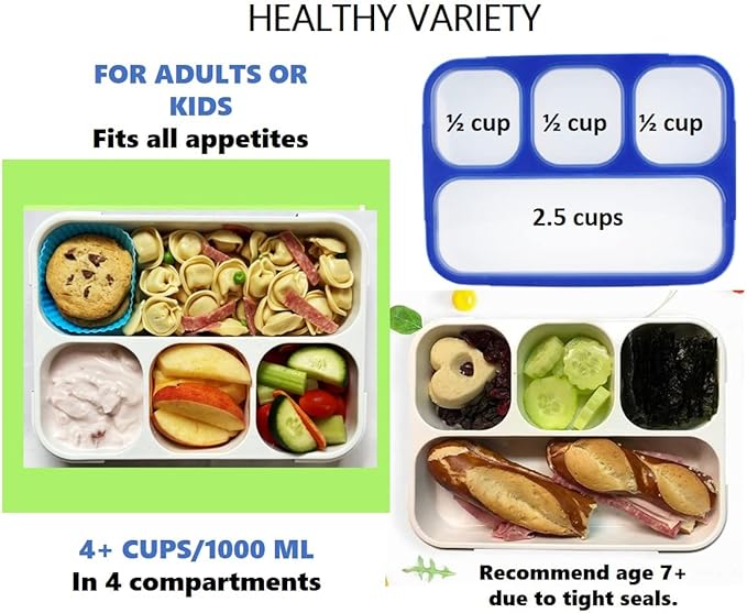 Bento Lunch Box for Kids Boys Adults, School Lunch-Box 4 Leakproof Compartments Snackle Snack Container with Utensils, Blue