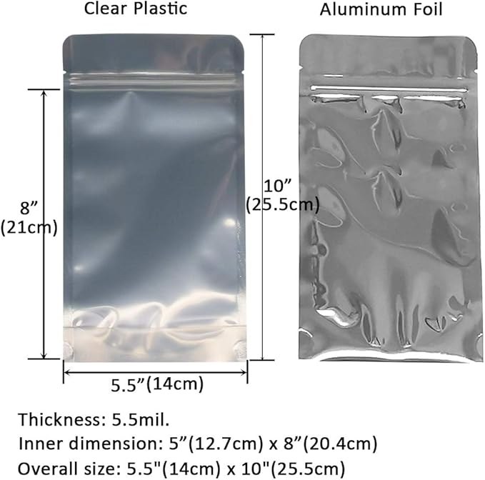 100 Pack 5.5 x 10 Inch Stand Up Pouch Bags Zipper Mylar Bags Clear Front with Aluminum Foil Back Reusable Food Storage Bag for Multipurpose with Gusset Bottom(5.5mil Thickness)