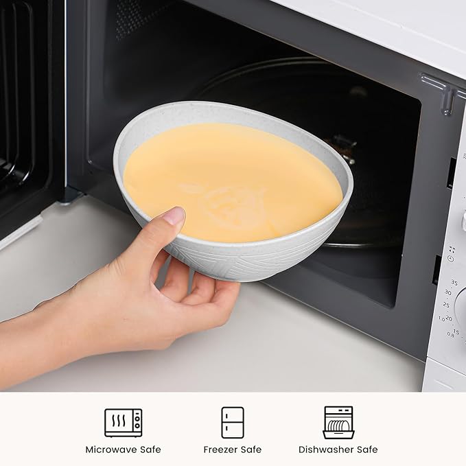 Premium Wheat Straw Bowls 26 OZ, Unbreakable Plastic Bowls Reusable Microwave and Dishwasher Safe Bowl for Camping, Rv, Apartmen, Party 4 PCS Kitchen Bowl (White)
