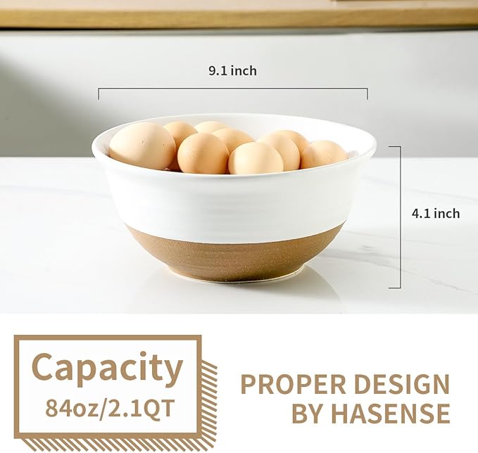 Hasense Serving Bowls, 9 Inch Ceramic Salad Dish for Kitchen, 84 Ounce Large Mixing Bowls for Cooking, Side Dishes, Baking, Popcorn, White Serving Dishes Set of 2, Dishwasher Microwave Safe