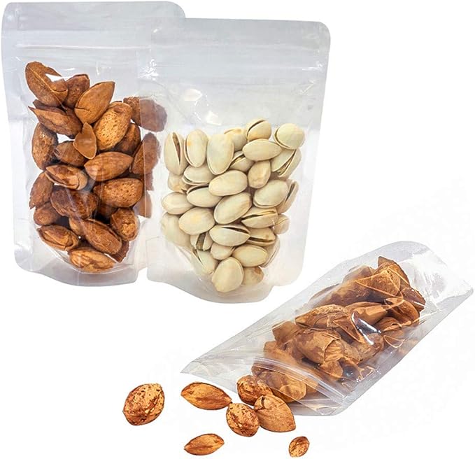 100 Pack Smell Proof Mylar Bags 7x10+3.2inch, Resealable Stand Up Food Storage Bags Clear Reusable Self Seal Zipper Lock Mylar Bags for Food, Seeds, Pills